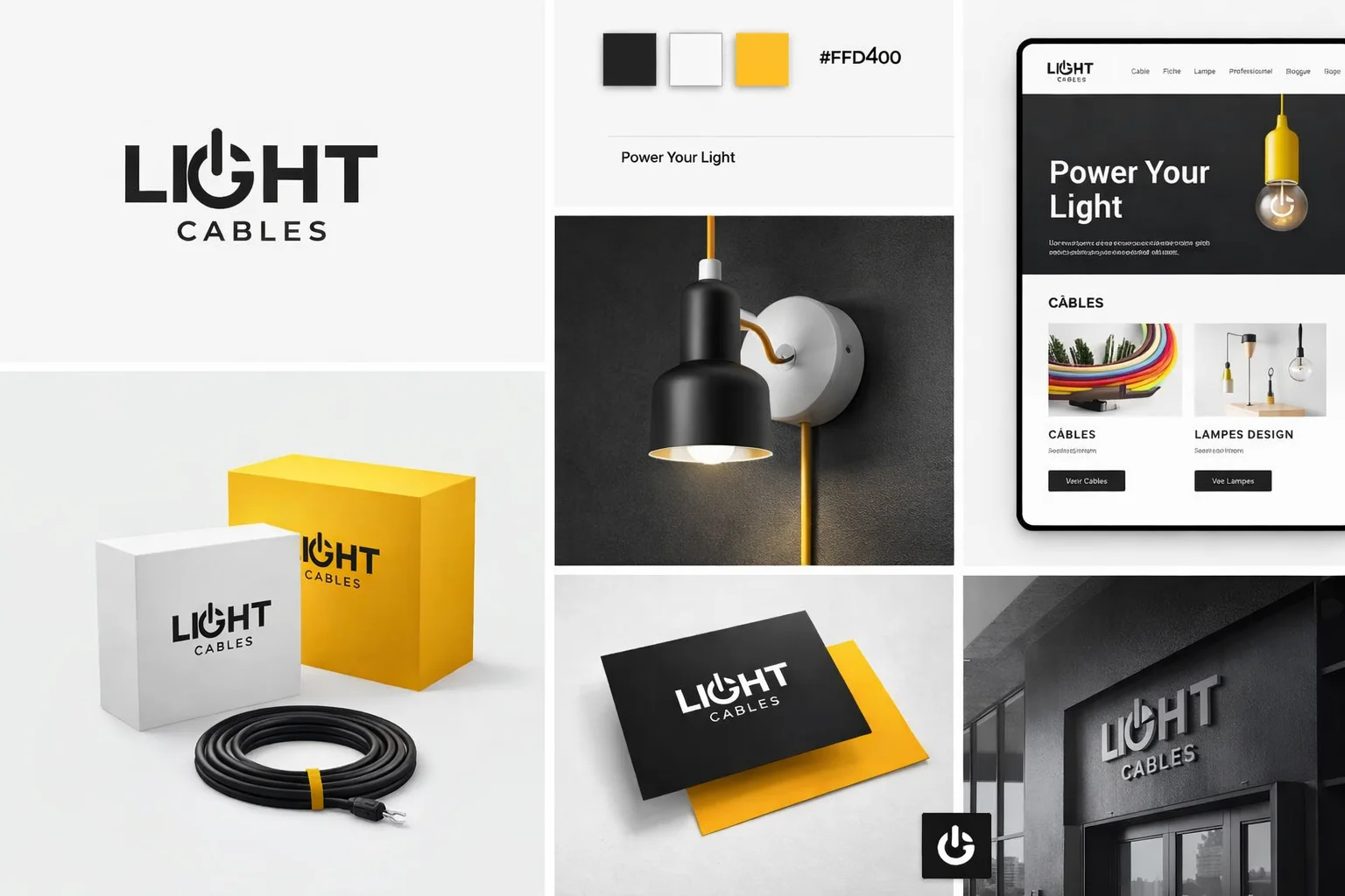 Moodboard Light Cables avec logo, palette jaune noir blanc, packaging, lampe et interface web
